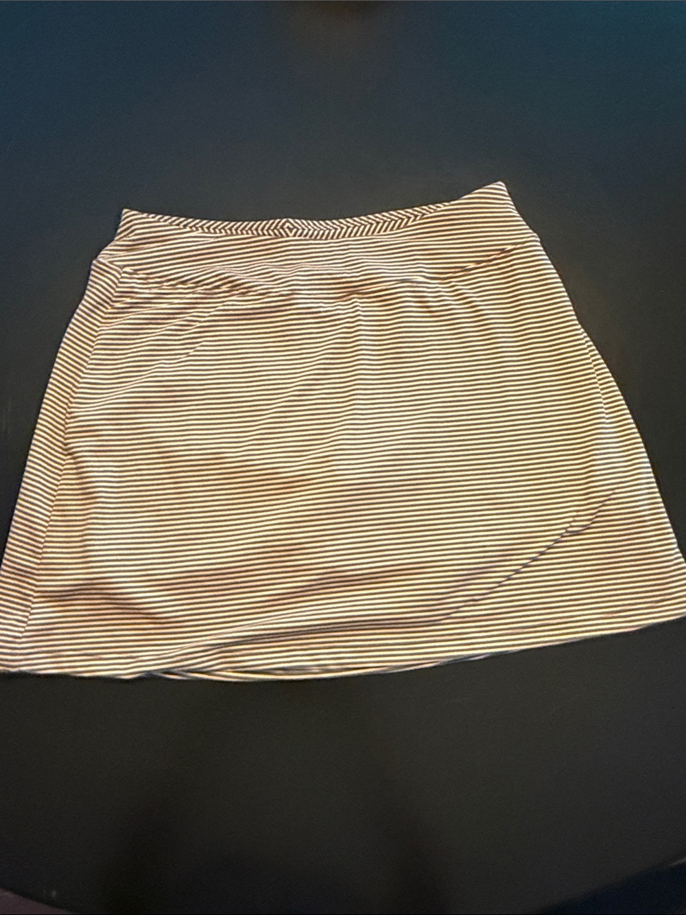Title Nine Striped Skort in Peachy/Cream and Dark Grey.